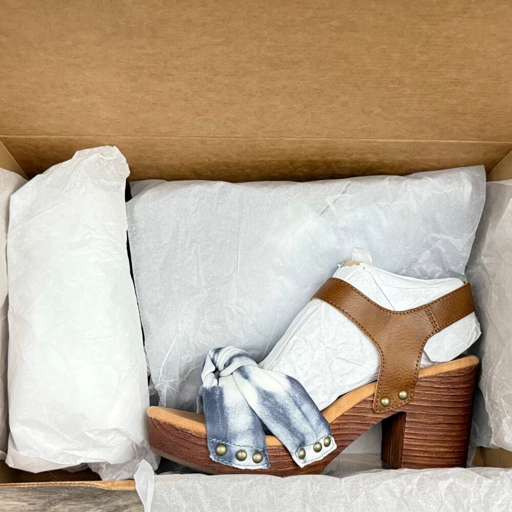 NEW Korks Kork Ease Natalia 7M Knot Clog Sandal Tan Blue Denim PU Tie Dye Combo - Picture 9 of 11